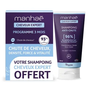 Manhaé Cheveux Expert chute de cheveux programme de 3 mois + shampoing anti-chute offert Vitavea - 120 gélules + shampoing de 50ml