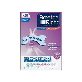 Bandelettes nasales sensitive Breathe Right - boite de bandelettes transparentes