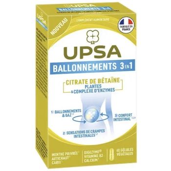Ballonements & gaz 3 en 1 Citrate de bétaïne Upsa - boite de 40 gélules