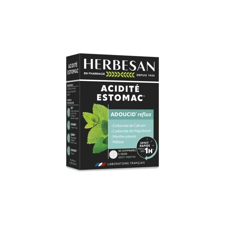 Adoucid reflux acidité estomac goût menthe Herbesan - boite de 30 comprimés à croquer