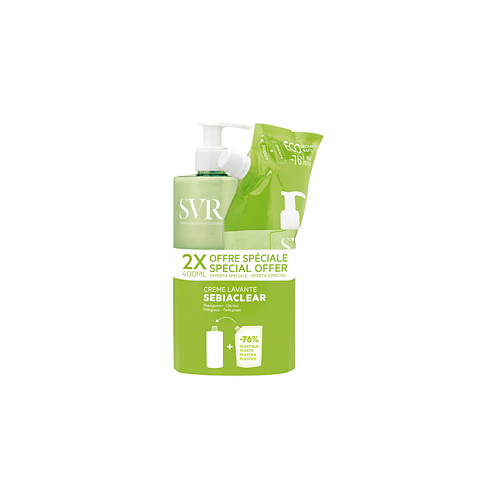 Sebiaclear crème lavante SVR - flacon-pompe de 400ml + recharge 400ml