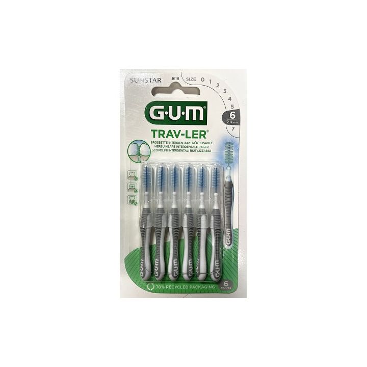Brossette interdentaire antibactérienne Trav-ler 2.0 mm Gum - 6 brossettes
