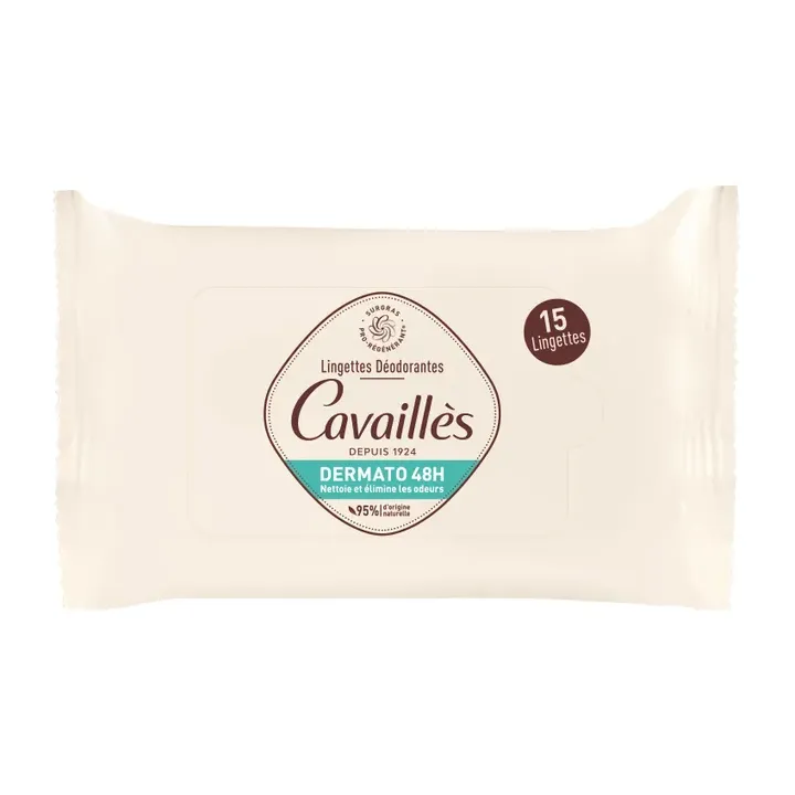 Dermato 48h lingettes déodorantes Rogé Cavaillès - paquet de 15 lingettes
