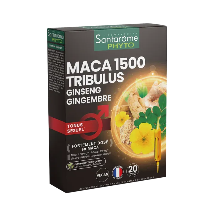 Maca 1500 tribulus ginseng gingembre Tonus sexuel Santarome - boîte de 20 ampoules