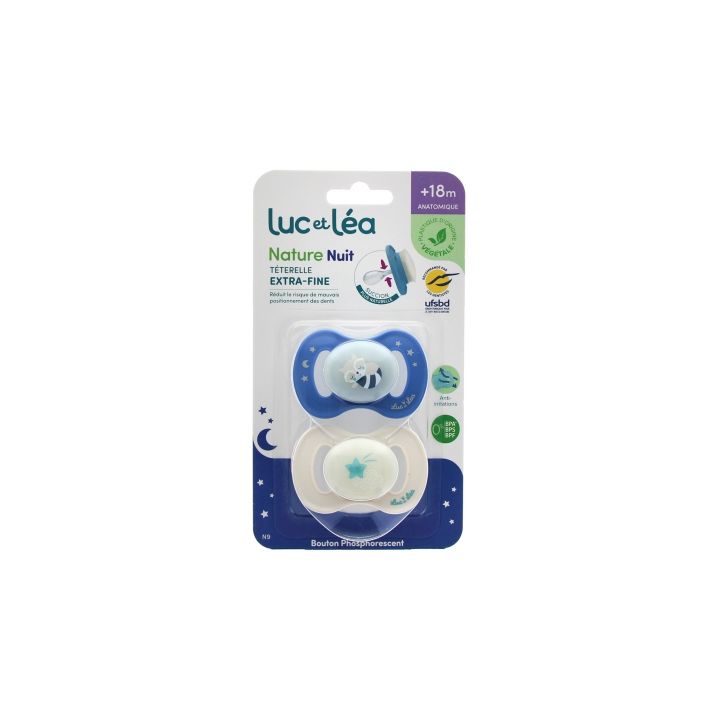 Nature Nuit sucettes anatomiques téterelle extra-fine +18 mois raton laveur & étoile filante Luc et Léa - lot de 2 sucettes