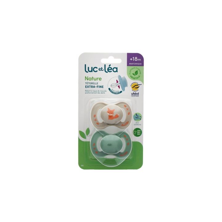 Nature sucettes anatomiques téterelle extra-fine +18 mois renard & bleu Luc et Léa - lot de 2 sucettes