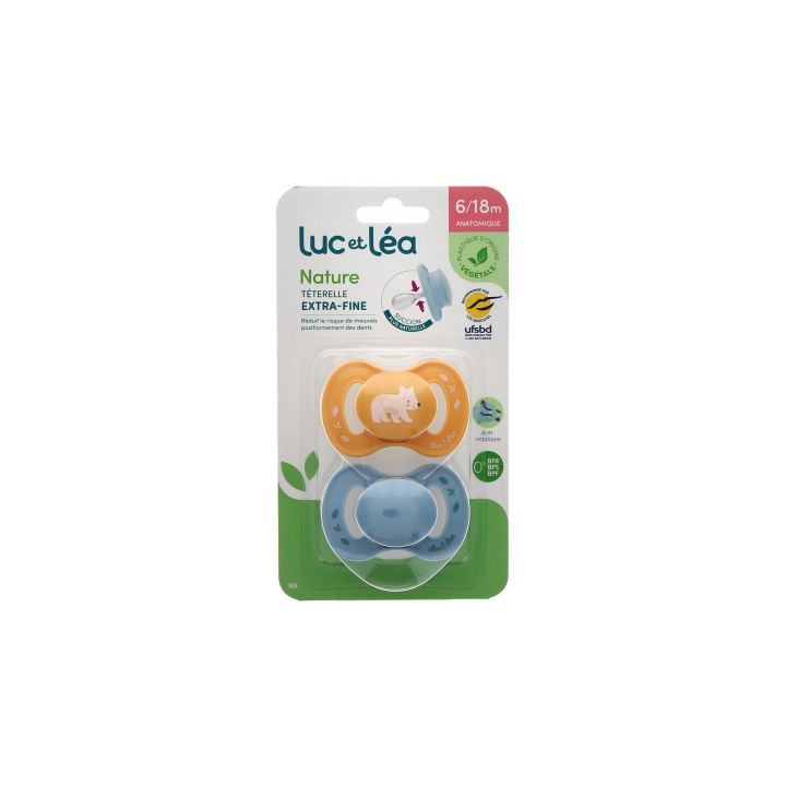 Nature sucettes anatomiques téterelle extra-fine 6-18 mois & Luc et Léa - lot de 2 sucettes