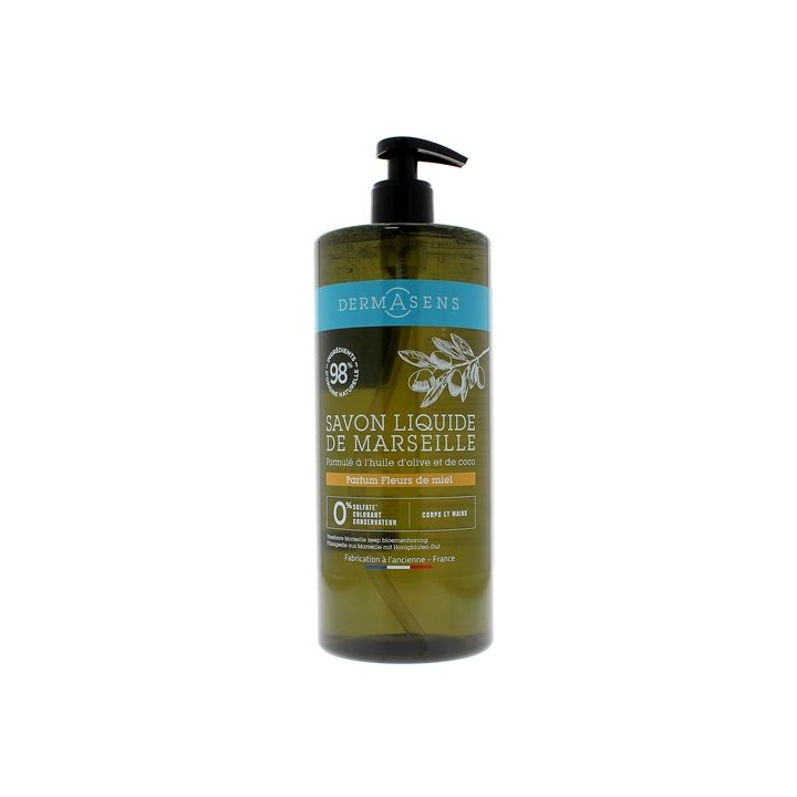 Dermasens Savon liquide de Marseille parfum fleurs de miel Marque Verte - flacon-pompe de 1L
