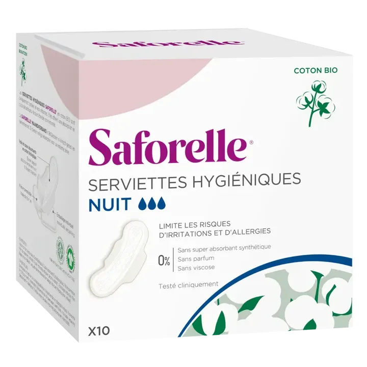 Serviettes hygiéniques nuit en coton bio Saforelle - boîte de 10 serviettes