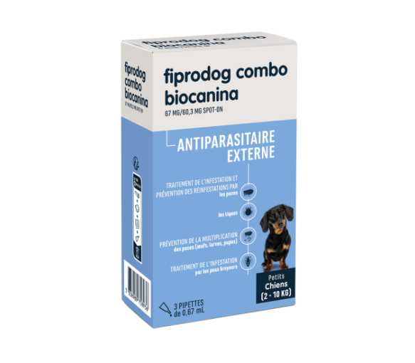 Fiprodog combo 67 mg/60,3 mg antiparasitaire externe petits chiens (2-10kg) Biocanina - boîte de 3 pipettes de 0,67ml