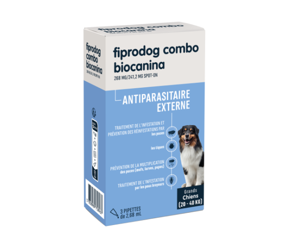 Fiprodog combo 268 mg/241,2 mg antiparasitaire externe grands chiens (20-40kg) Biocanina - boîte de 3 pipettes de 2,68ml