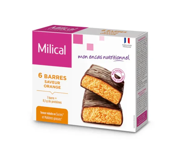 Barre hyperprotéinée saveur orange encas nutritionnel Milical - boite de 6 barres