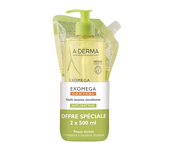 Exomega Control Huile lavante émolliente anti-grattage A-derma - flacon-pompe et recharge de 500ml - image 1