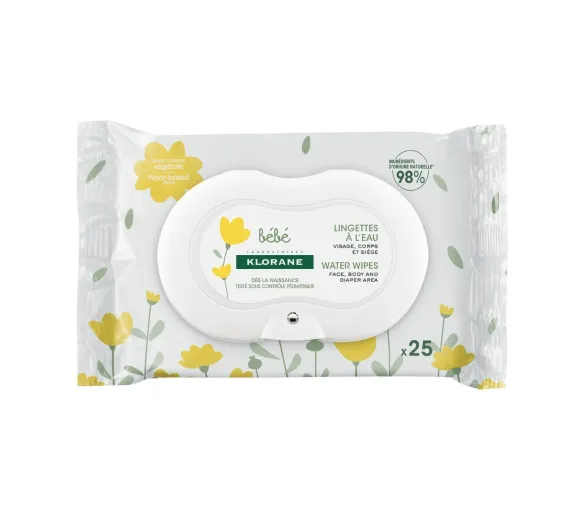 Lingettes nettoyantes à l'eau bébé Klorane - paquet de 25 lingettes