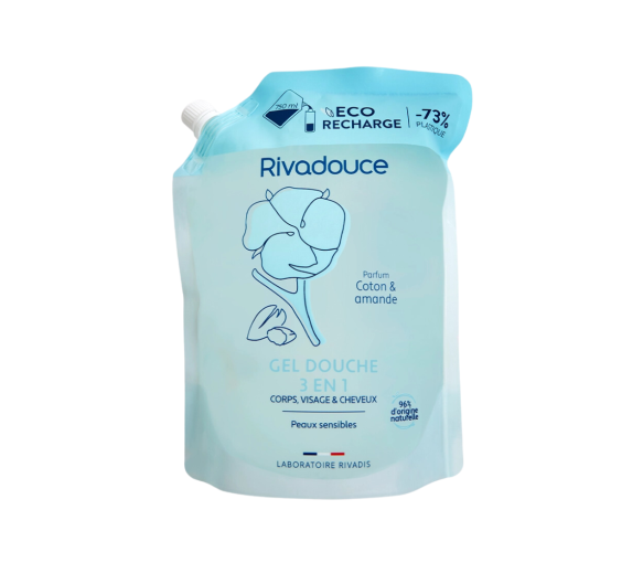 Gel douche 3 en 1 Coton & Amande éco-recharge Rivadouce - recharge de 750ml