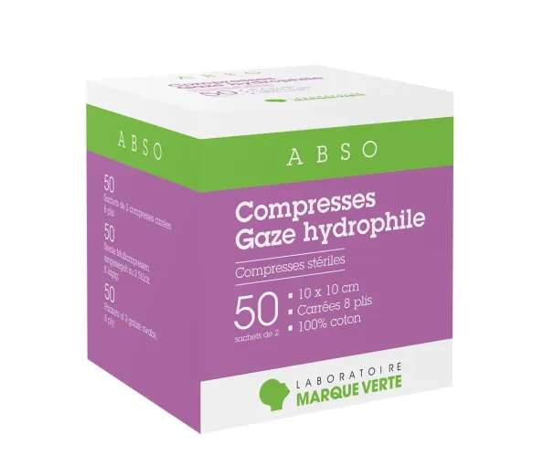 Compresses gaze hydrophile Abso Marque Verte - boite de 50 sachets de 2