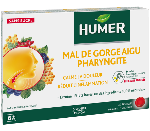 Mal de gorge aigu pharyngite Humer - boite de 20 pastilles