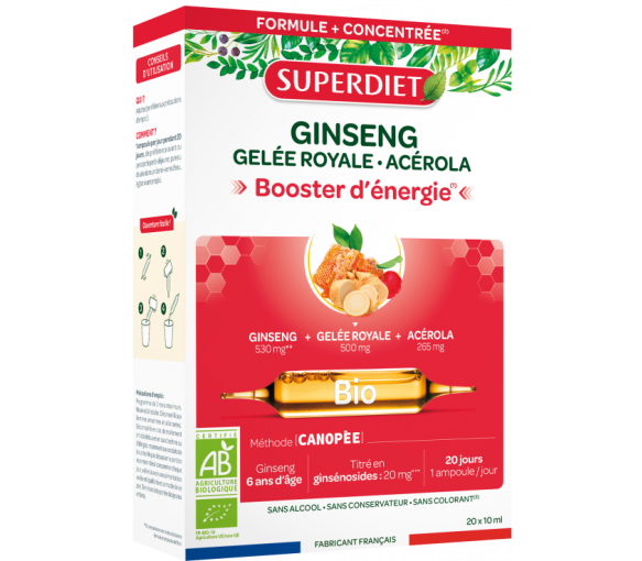 Ginseng gelée royale acérola bio Super Diet - boite de 20 ampoules de 10ml - image 1