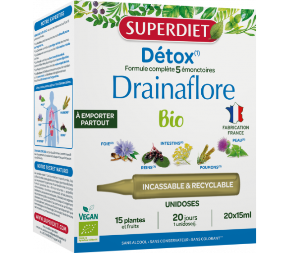 Drainaflore détox bio Superdiet - boîte de 20 unidoses de 15ml - image 1