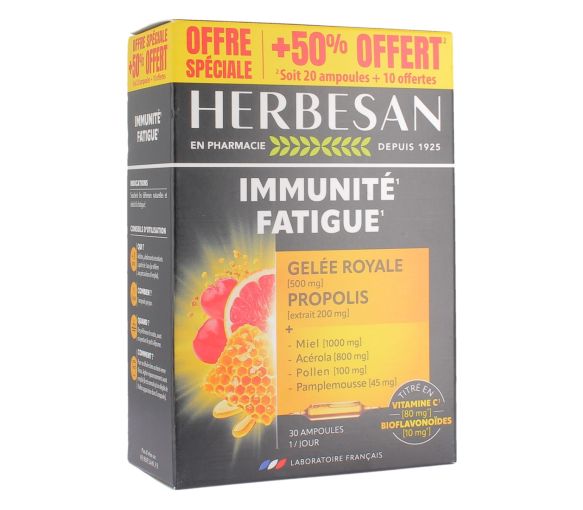 Système immunitaire réduction de la fatigue Herbesan - Boite de 20 ampoules + 10 offertes - image 1