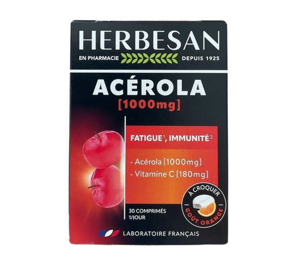 Acérola 1000 g + vitamine C 180mg goût orange Herbesan - boite de 30 comprimés à croquer - image 2