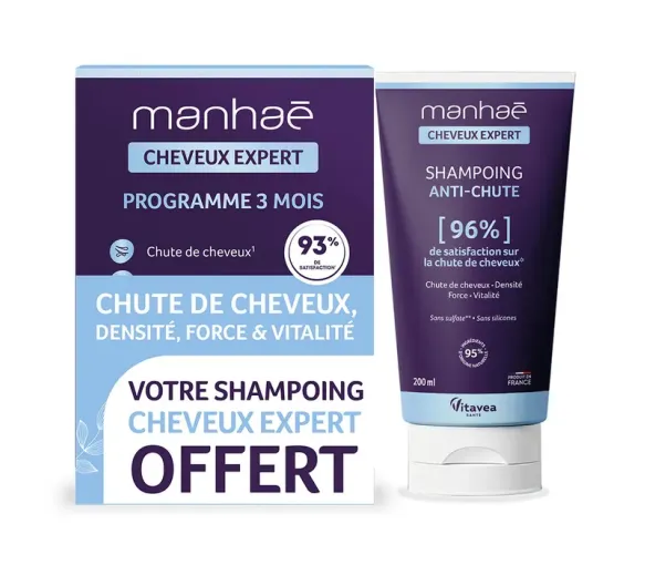 Manhaé Cheveux Expert chute de cheveux programme de 3 mois + shampoing anti-chute offert Vitavea - 120 gélules + shampoing de 50ml