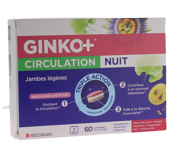 Ginko+ circulation nuit jambes légères triple action Bouchara - boite de 60 comprimés
