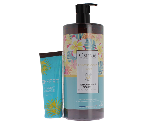Shampoing douche paradisiaque tiaré Osmaé - flacon d'1L + tube de 100ml offert - image 1