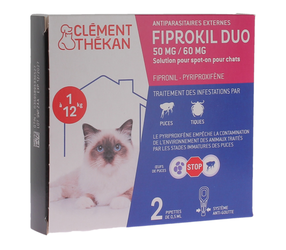 Fiprokil duo antiparasitaire chats 1 à 12kg 50/60mg Clément thékan - boite de 2 pipettes de 0,5ml - image 1