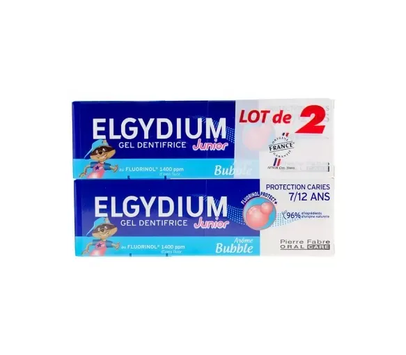 Dentifrice au fluorinol 7-12 ans goût bubble Elgydium Junior - lot de 2 tubes de 50ml