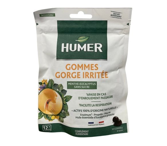 Gommes gorge irritée Menthe-eucalyptus sans sucre Humer - sachet de 30 gommes - image 1