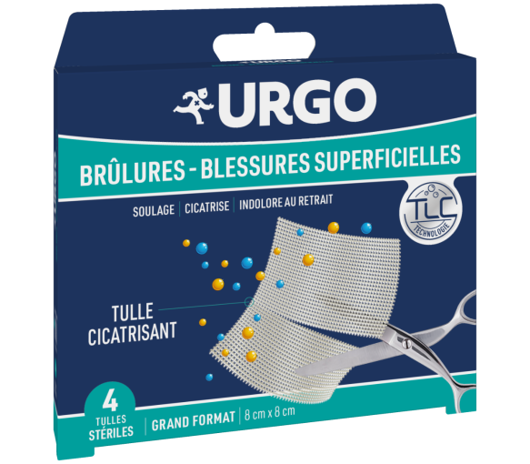 Tulles stériles cicatrisants brûlures et blessures superficielles Urgo - boîte de 4 tulles 8x8 cm