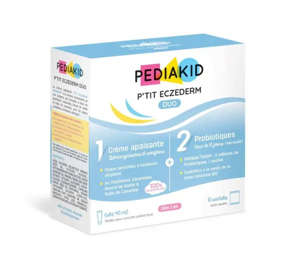 P'tit Eczederm duo crème apaisante et probiotiques Pediakid - boîte de un tube de 40ml et 10 sachets