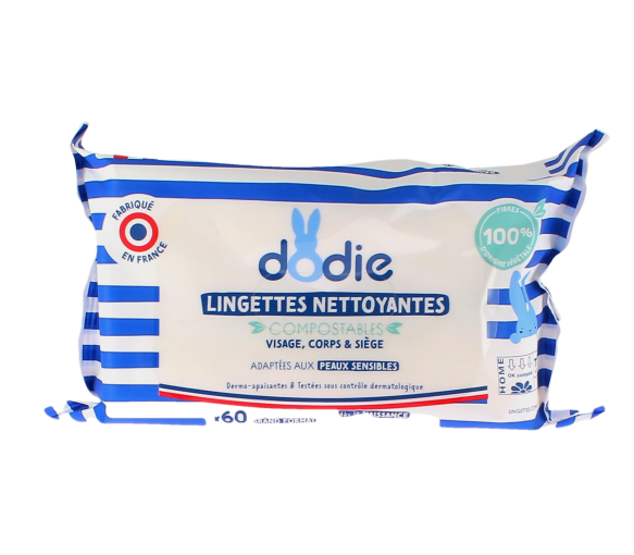 Lingettes nettoyantes fibres d'origine naturelle Dodie - sachet de 70 lingettes