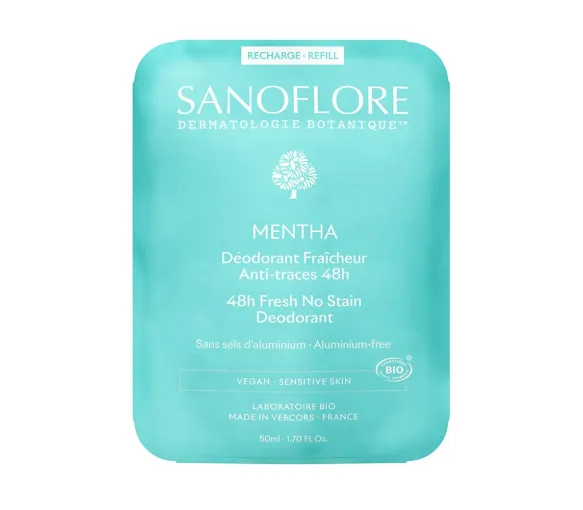 Déodorant Mentha fraîcheur anti-traces 48h bio Sanoflore - recharge de 50ml
