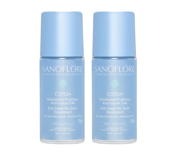 Déodorant fraîcheur coton anti-traces 24h bio Sanoflore - offre spéciale 2 roll-on de 50ml