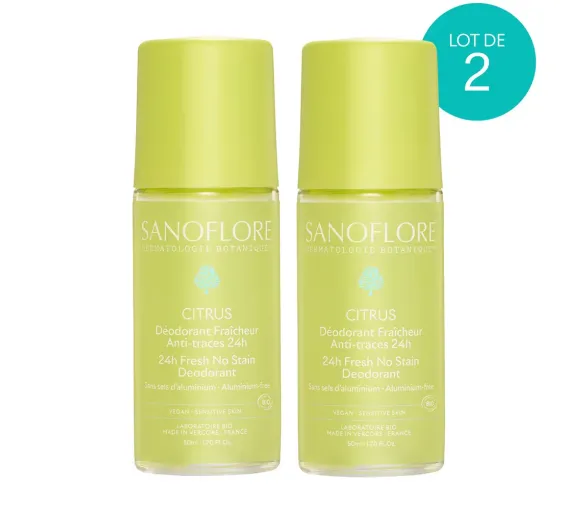 Déodorant fraîcheur anti-traces 24h citrus bio Sanoflore - lot de 2 roll-on de 50ml