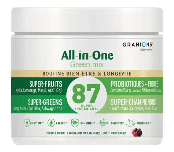 All-in-One Green mix routine bien-être et longévité goût fruits rouges Granions - pot de 146g