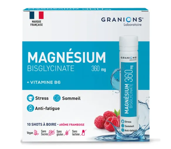 Magnésium Bisglycinate 360mg goût framboise Granions - boîte de 10 shots