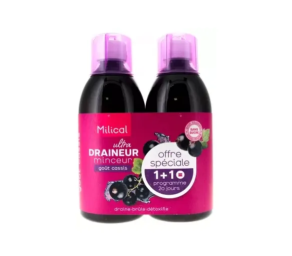 Draineur Ultra minceur goût cassis Milical - lot de 2 bouteilles de 500ml