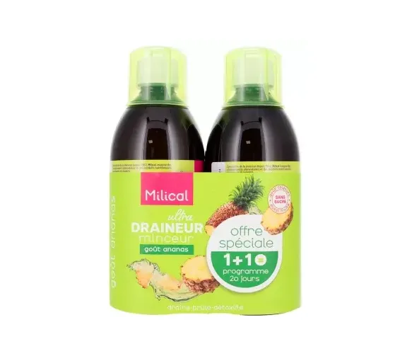 Draineur Ultra minceur goût ananas Milical - lot de 2 bouteilles de 500ml offre spéciale