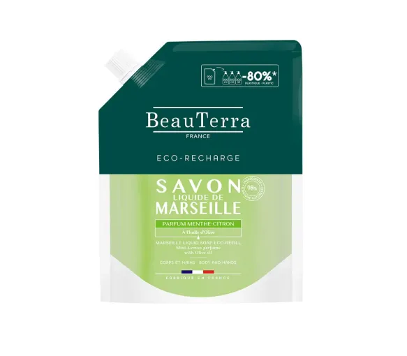 Savon liquide de marseille parfum menthe citron Beauterra - eco-recharge de 900ml