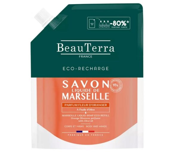 Savon liquide de marseille parfum fleur d'oranger Beauterra - eco-recharge de 900ml