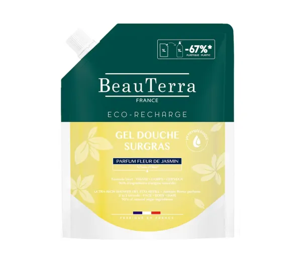 Gel douche surgras parfum fleur de jasmin Beauterra - eco-recharge de 1L