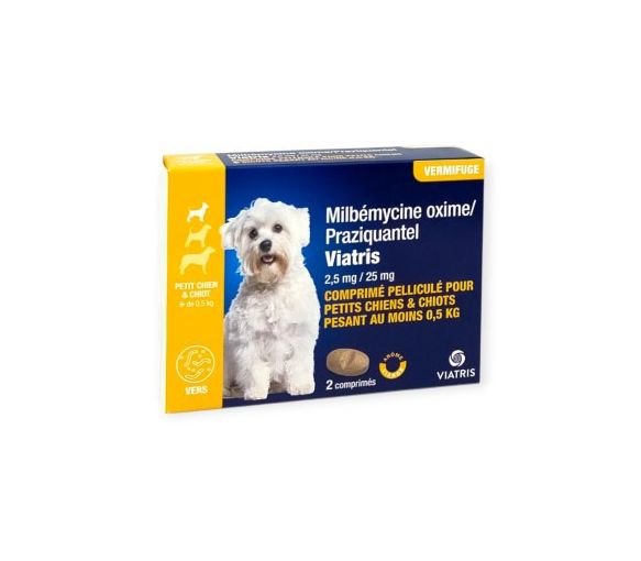 Milbémycine Praziquantel Vermifuge petit chien et chiot +0,5kg arôme viande Viatris - boite de 2 comprimés