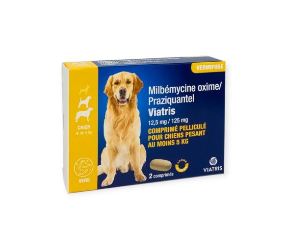 Milbémycine Praziquantel Vermifuge chien +5kg arôme viande Viatris - boite de 2 comprimés