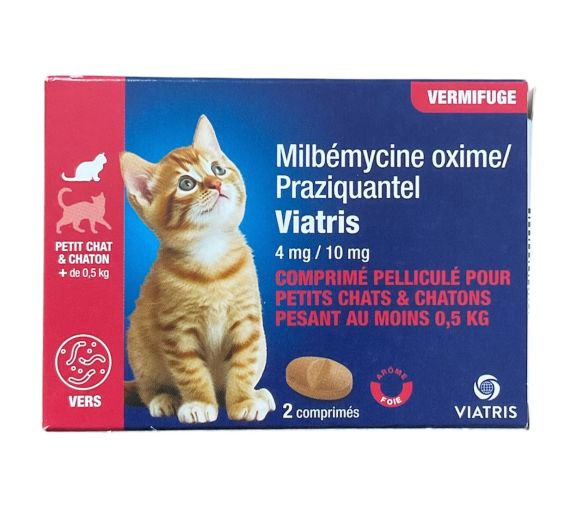 Milbémycine Praziquantel Vermifuge petit chat et chaton +0,5kg arôme foie Viatris - boite de 2 comprimés - image 1