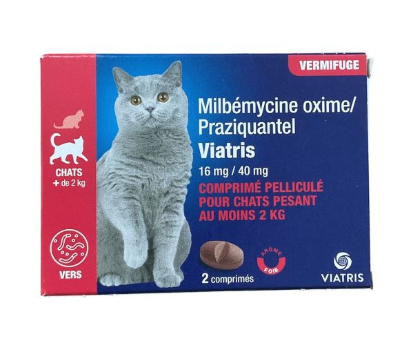 Milbémycine Praziquantel Vermifuge chat +2kg arôme foie Viatris - boite de 2 comprimés - image 1