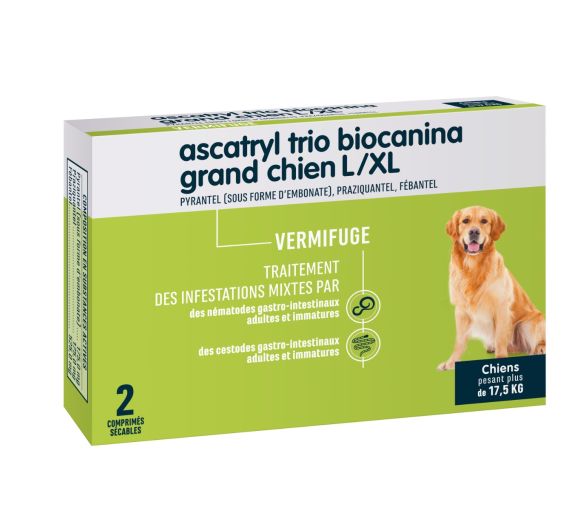 Ascatryl Trio Vermifuge "Grand Chien" (+ de 17,5 kg) Biocanina- boîte de 2 comprimés - image 1