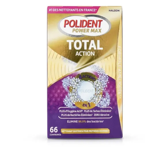 Total Action nettoyant 4en1 pour appareils dentaires Polident - boite de 66 comprimés